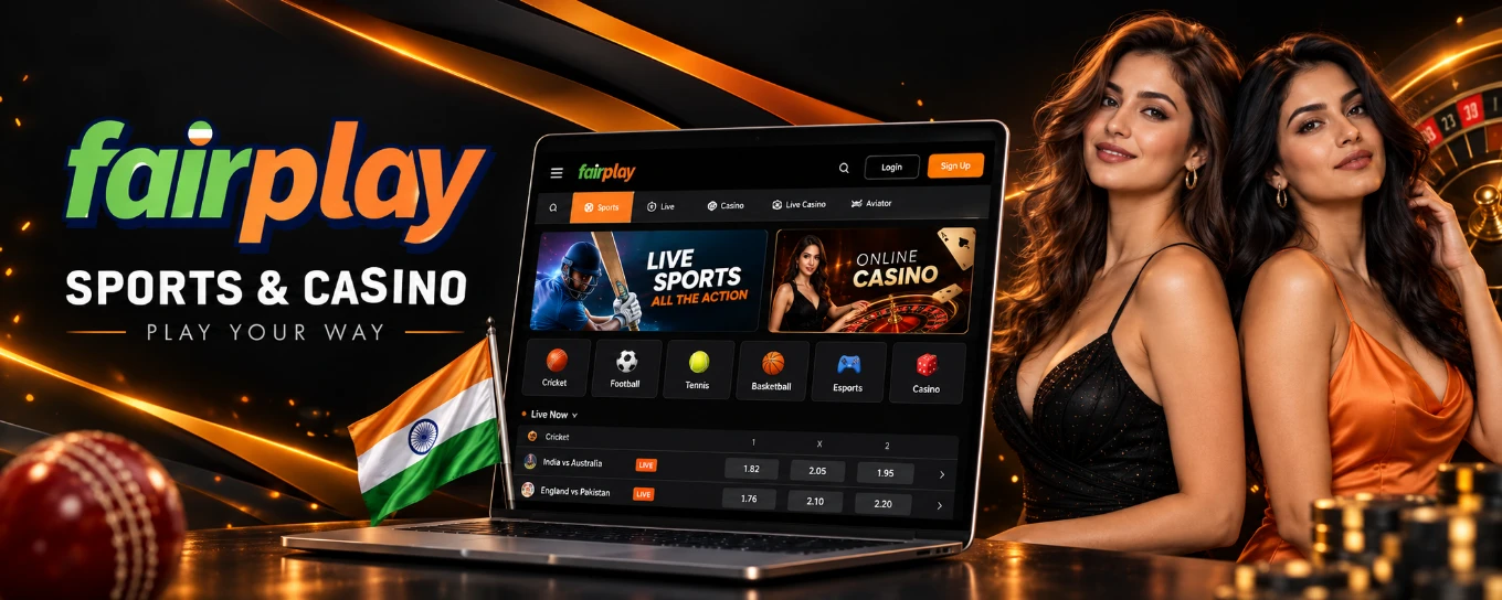 FairPlay India homepage with casino games, sports betting sections and bonus offers.